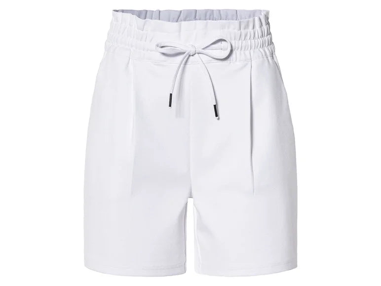 Womens Shorts with side pockets, fake back pockets, elastic waistband and drawstring pleats