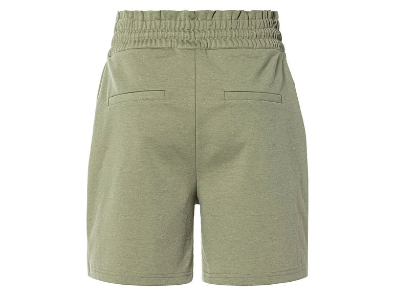 Womens Shorts with side pockets, fake back pockets, elastic waistband and drawstring pleats