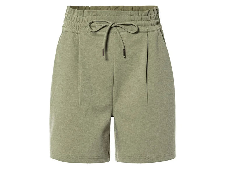 Womens Shorts with side pockets, fake back pockets, elastic waistband and drawstring pleats