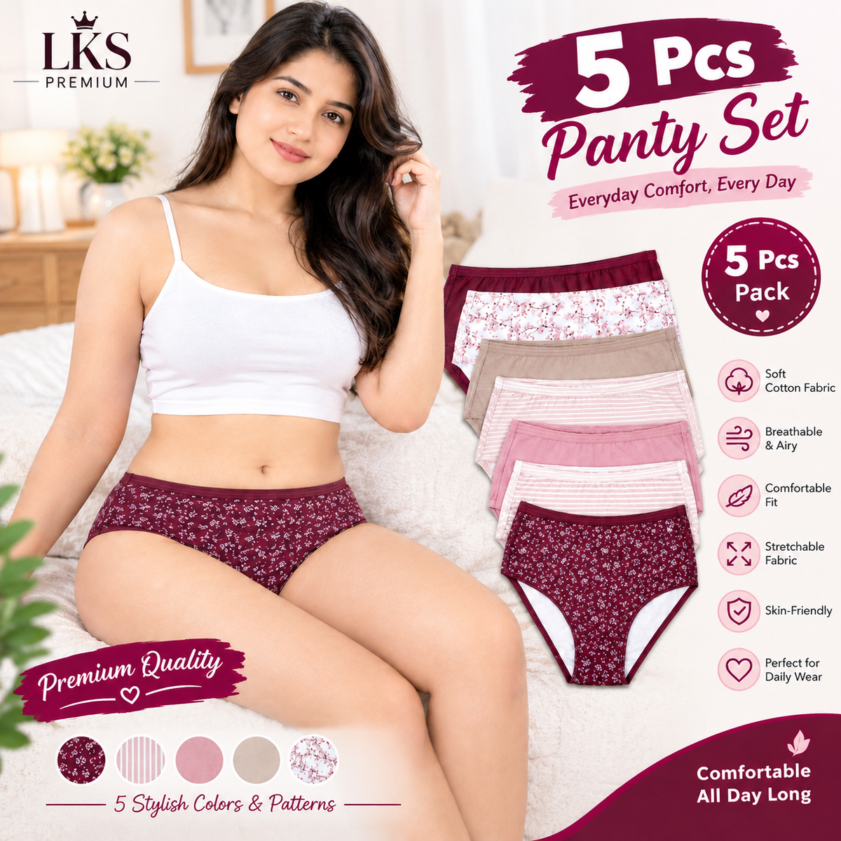 5 Pcs Pack High Waisted Full Back Cover Panty