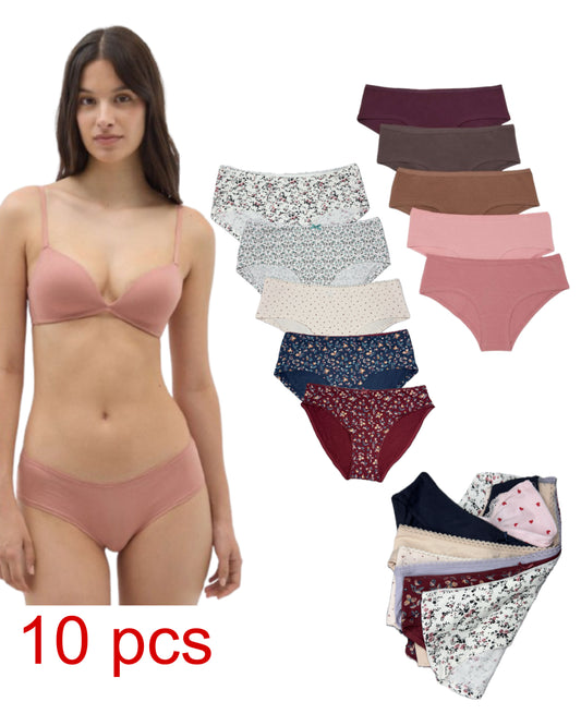 Pack of 10 Pcs Women’s Cotton Mid Waist Hipster Full Back Coverage Panty