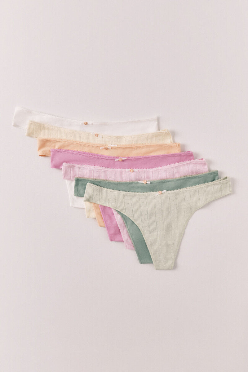 Pack of 5 cotton pointelle thongs in a mix of colors